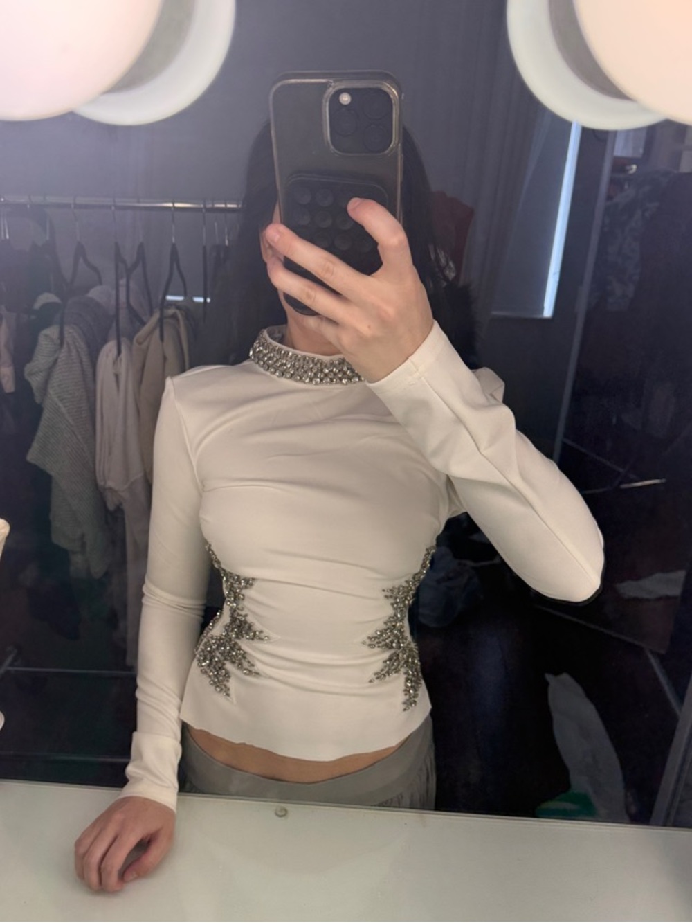 Fashion Nova Embellished White Long-Sleeve Women's Top Turtle Neck (DIY CROPPED)